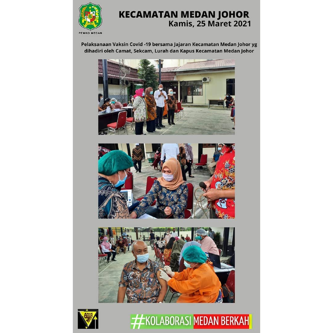 Pelaksanaan Vaksin Covid 19 oleh UPT Puskesmas Gedung Johor kepada ASN,Kepling dan Pegawai Honorer Kecamatan Medan Johor yang dibuka langsung oleh Camat Medan Johor didampingi Sekcam dan Kapus Gedung Johor